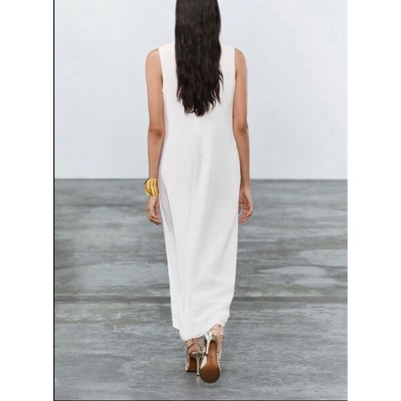 ZARA WOMEN LINEN BLEND MIDI DRESS ZW COLLECTION OYSTER WHITE LARGE 8135/100 - Picture 3 of 16